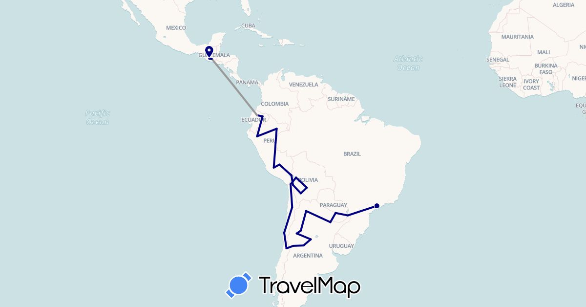 TravelMap itinerary: driving, plane in Argentina, Bolivia, Brazil, Chile, Ecuador, Guatemala, Peru, Paraguay (North America, South America)