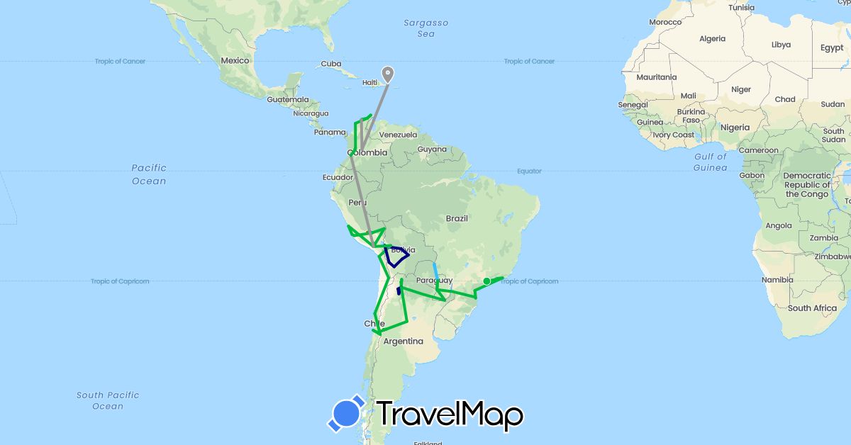 TravelMap itinerary: driving, bus, plane, cycling, train, hiking, boat in Argentina, Bolivia, Brazil, Chile, Colombia, Dominican Republic, Peru, Paraguay (North America, South America)